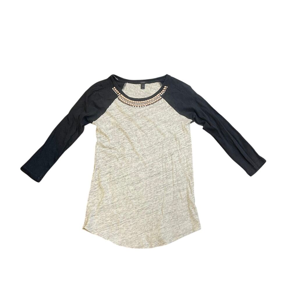 J.Crew Jewel Embellished Casual Baseball Long Sleeve Tee SZ XS Boho Casual